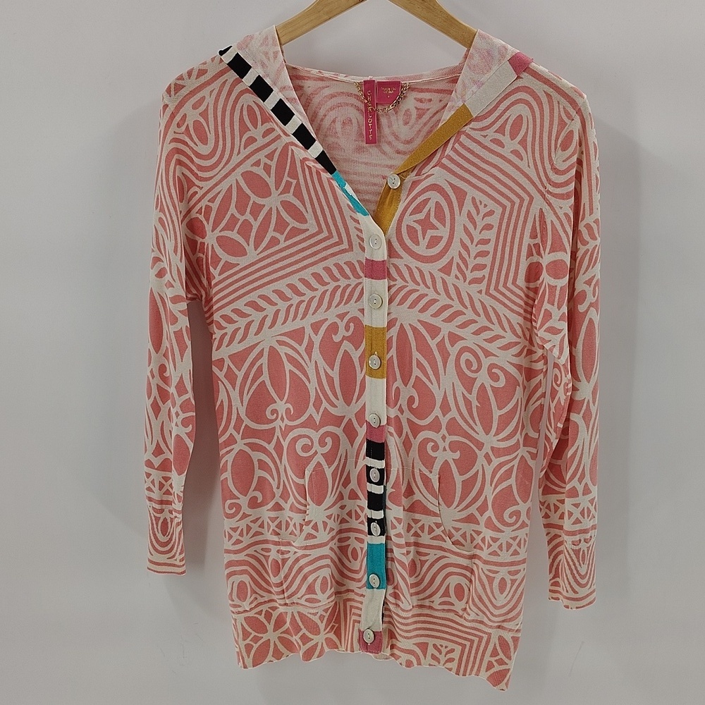 Charlotte Tarantola Button Down Silk Pink Stripe Hood Sweater Large Lightweight